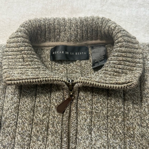 Oscar de la Renta Zip Up Ribbed Sweater L Long Sleeve Cable Knit Beige 1/4 Zip - Picture 11 of 13